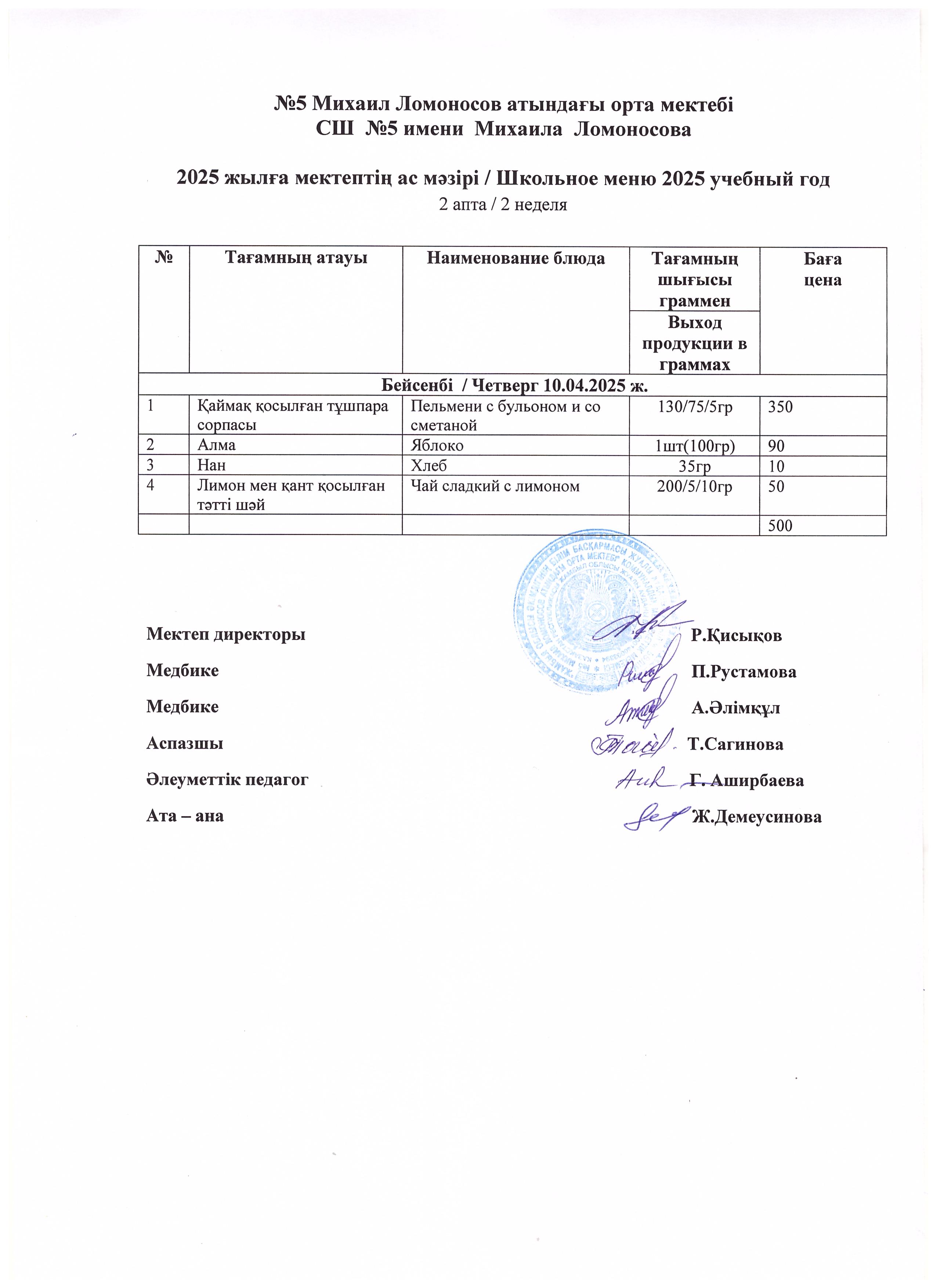Бір күндік ас мәзірі