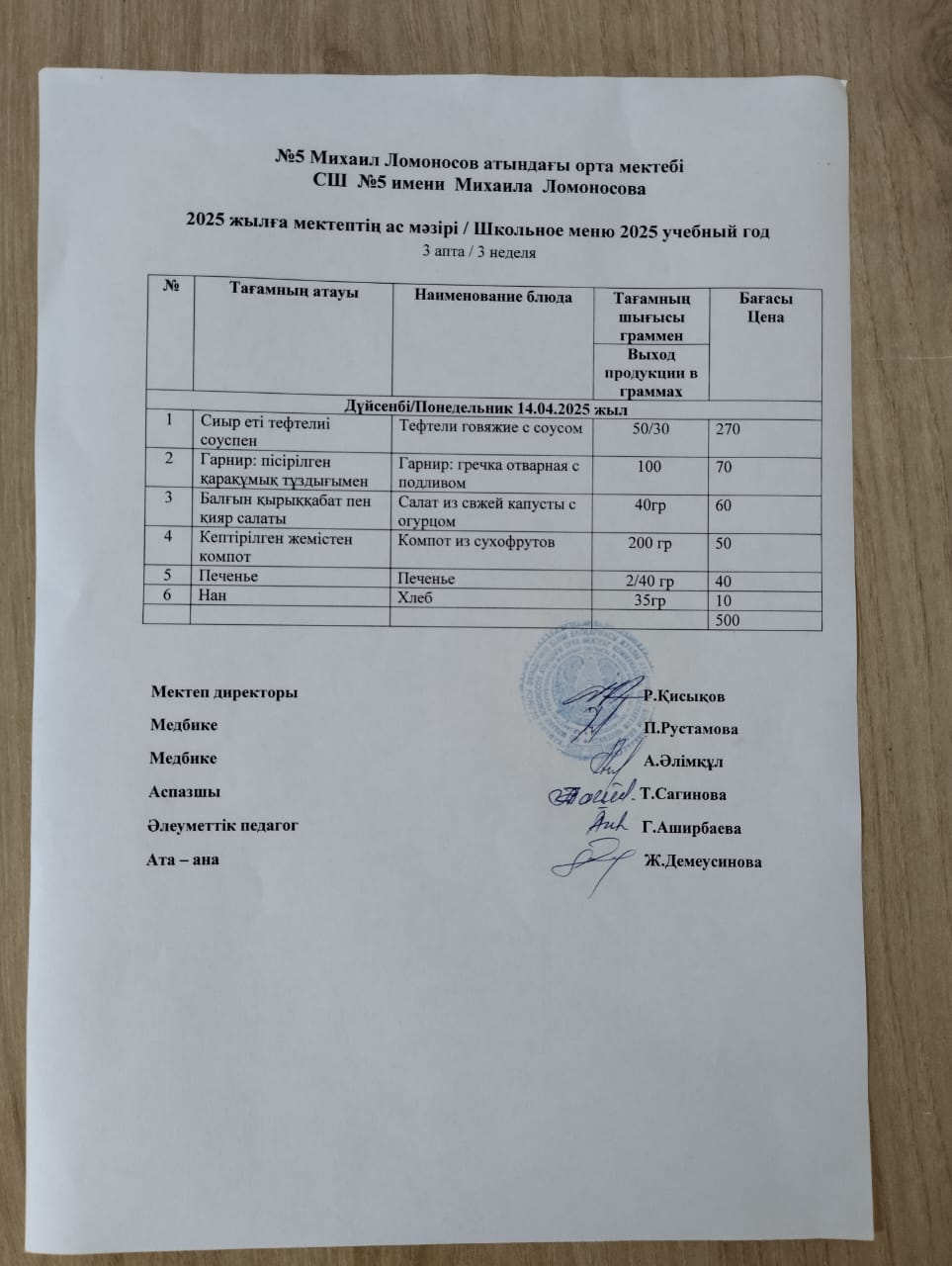 Бір күндік ас мәзірі
