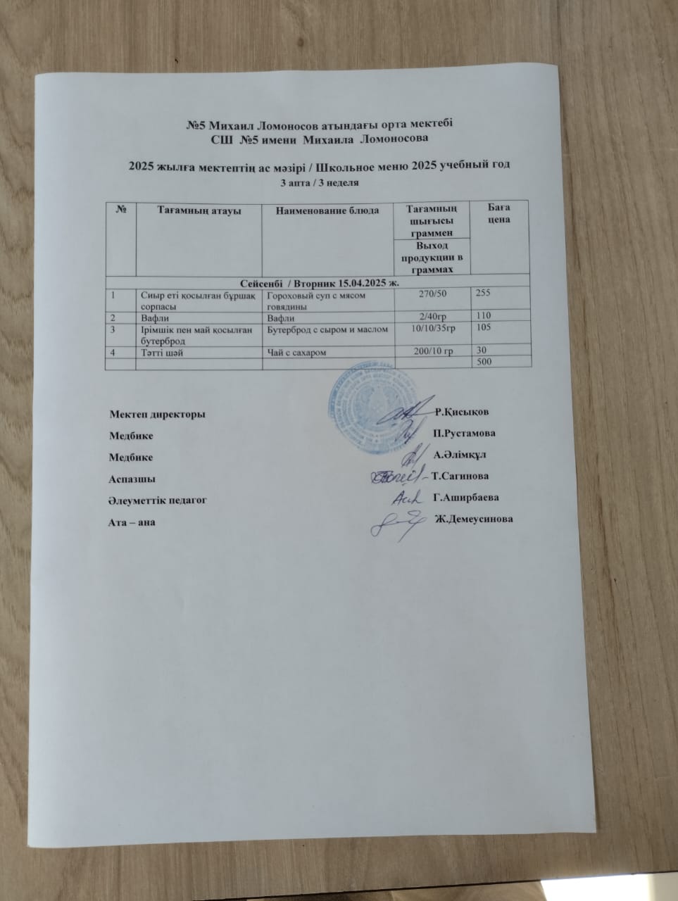 Бір күндік ас мәзірі