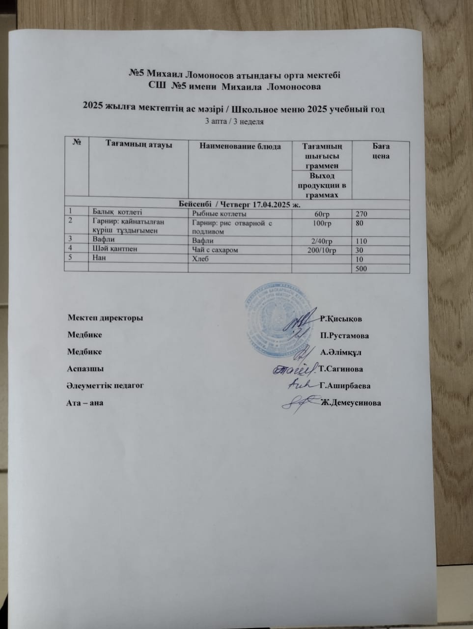 Бір күндік ас мәзірі