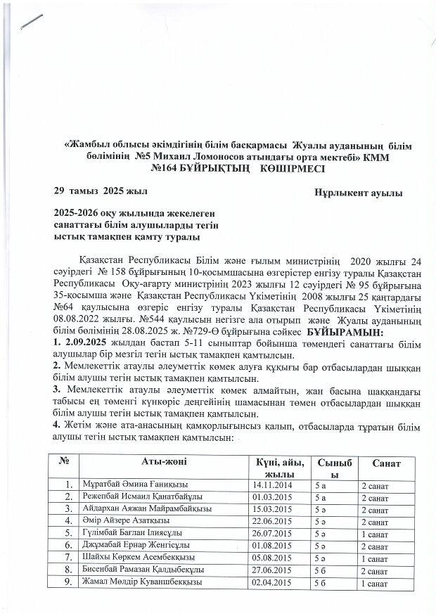 2025-2026 оқу жылында жекелеген  санаттағы білім алушыларды тегін  ыстық тамақпен қамту туралы бұйрық